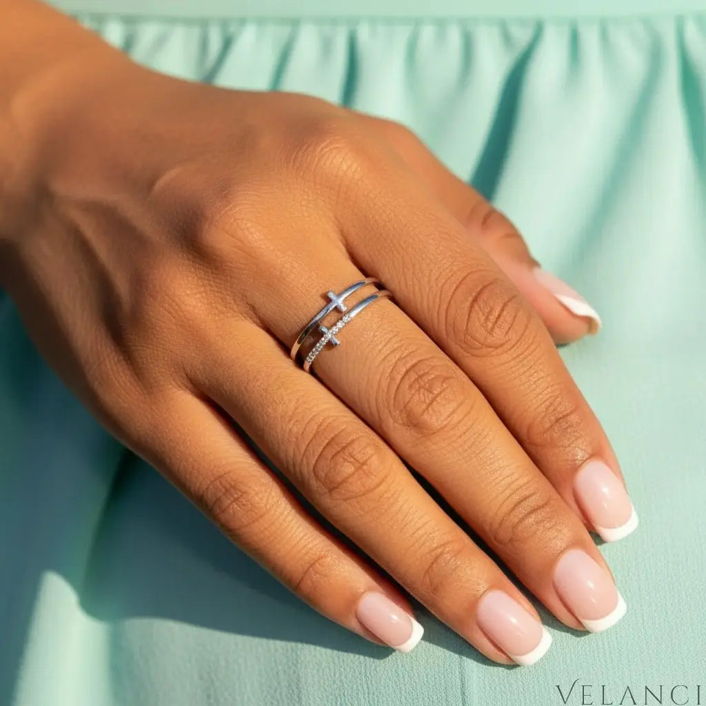 Double Band Cross Ring Lucia - Zircon Accents, Plated Velanci