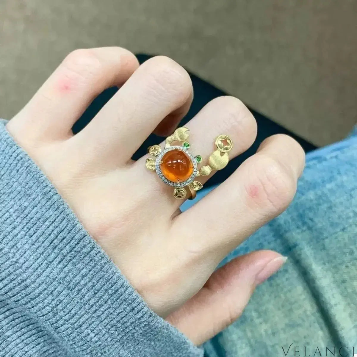 Crab Ring Valentina - 18K Plated Amber Cabochon Crystals Women's Ring Velanci