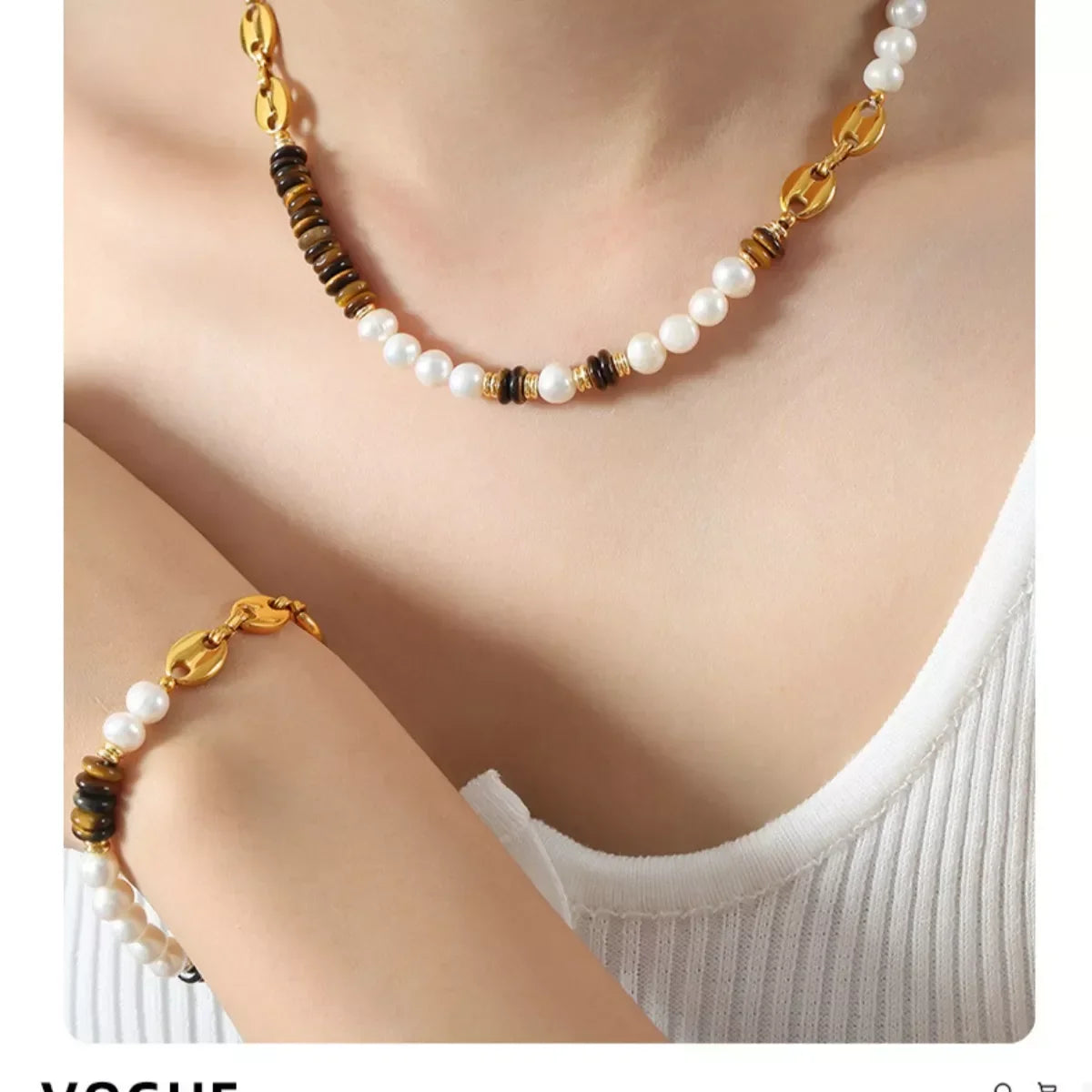 Tiger's Eye Freshwater Pearl Necklace - 18K Gold-Plated Velanci