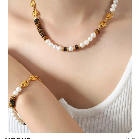 Tiger's Eye Freshwater Pearl Necklace - 18K Gold-Plated Velanci
