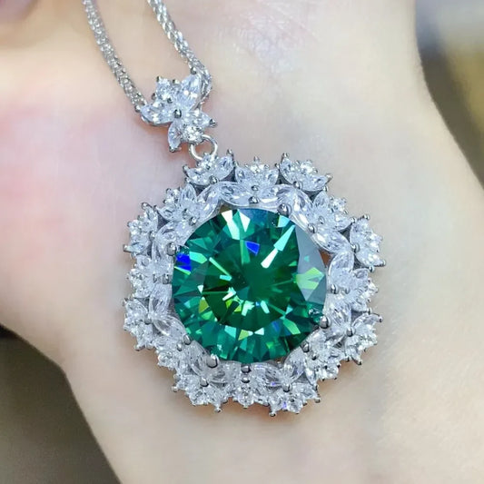 10 Carat Moissanite Sterling Silver Halo Pendant Necklace Velanci