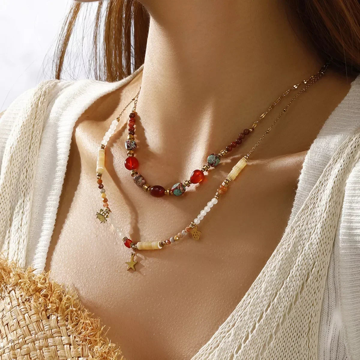 Two-Piece Set Necklace - 18K Gold-Plated Natural Stone Beads Velanci