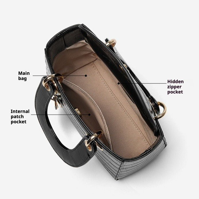 Croc-Embossed Genuine Leather Top-Handle Bag in Creamy White and Black