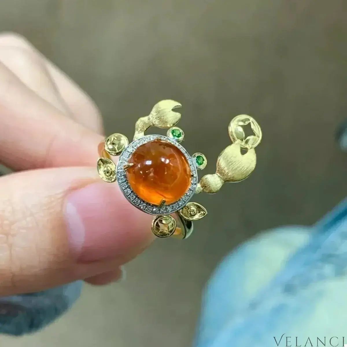 Crab Ring Valentina - 18K Plated Amber Cabochon Crystals Women's Ring Velanci