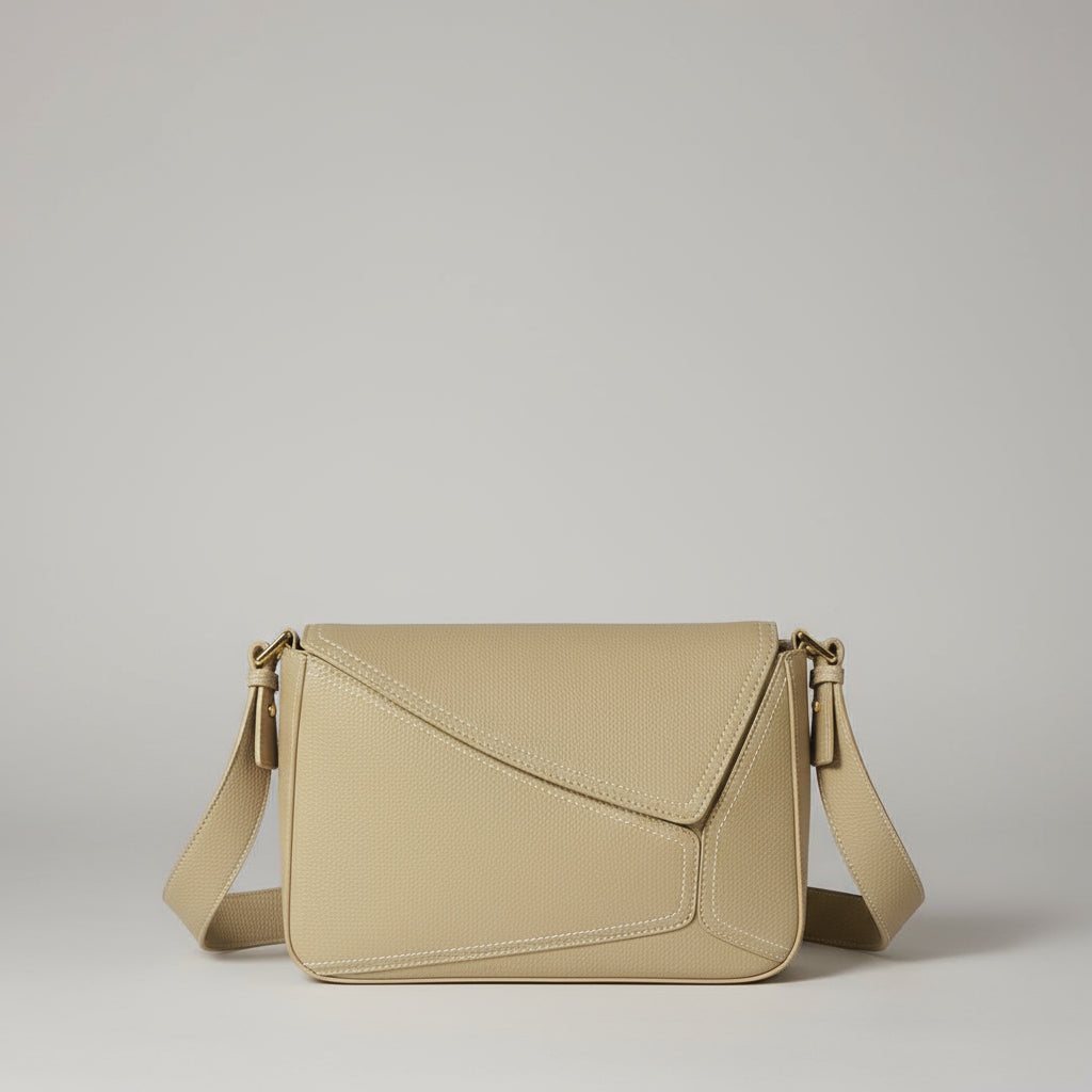 Beige handbag on a light surface with a neutral background