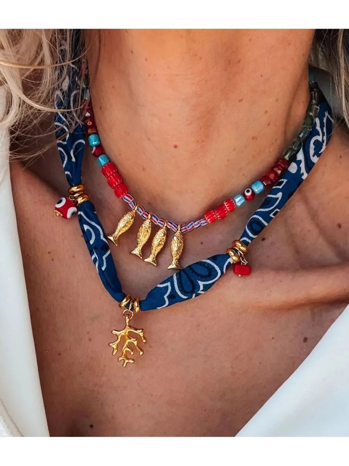 Coral And Fish Pendant Necklace - Gold Plated Coastal Charm Velanci