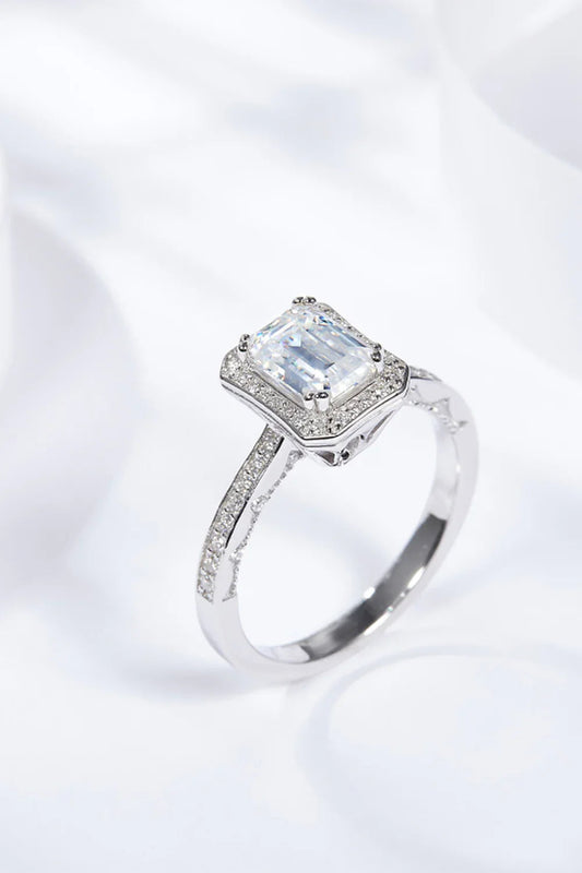 Ring Amelia - Emerald-Cut Moissanite Halo, Sterling Silver Women's Ring Velanci