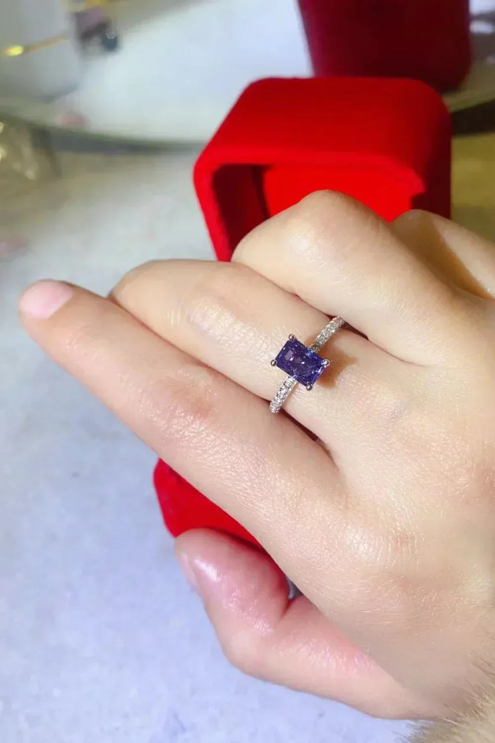 Moissanite Rectangle Ring Chiara - Azure Blue Sparkle Women's Ring Velanci