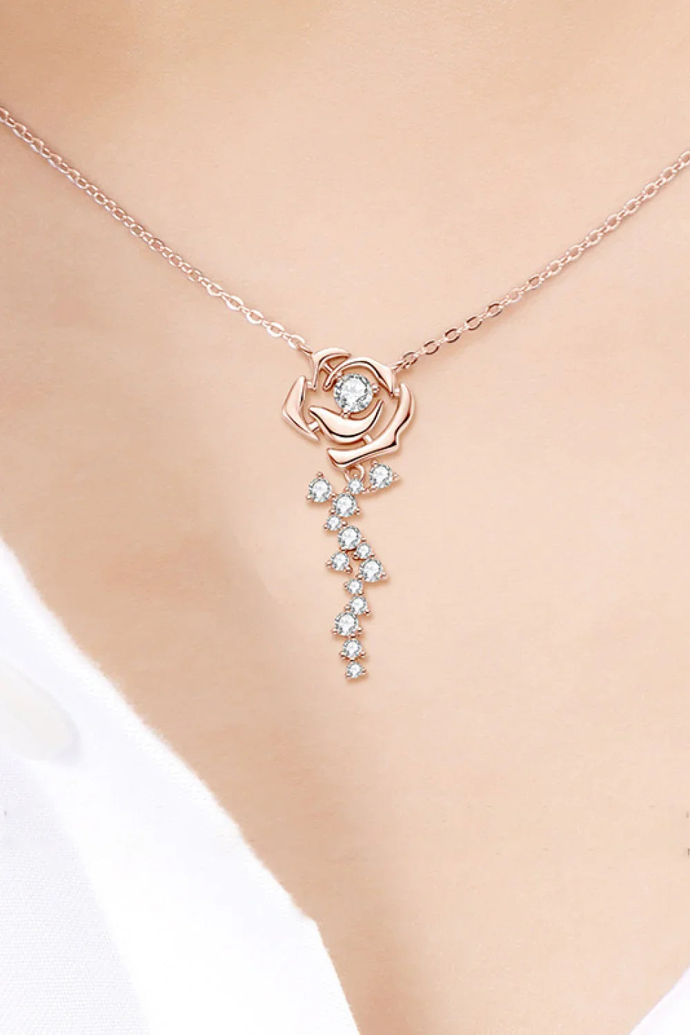 Two-Tone Silver Flower Pendant Necklace - Moissanite Velanci