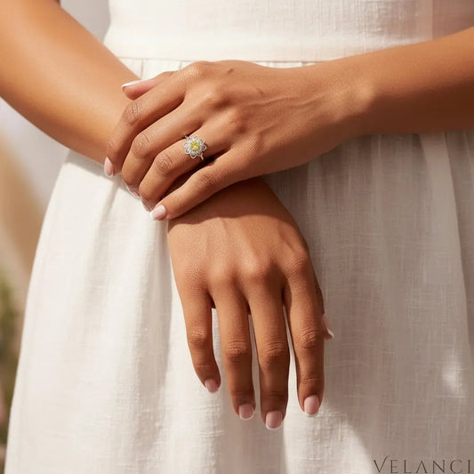 Ring Alessia - Flower Sunburst Zircon Halo, Platinum-Plated Velanci