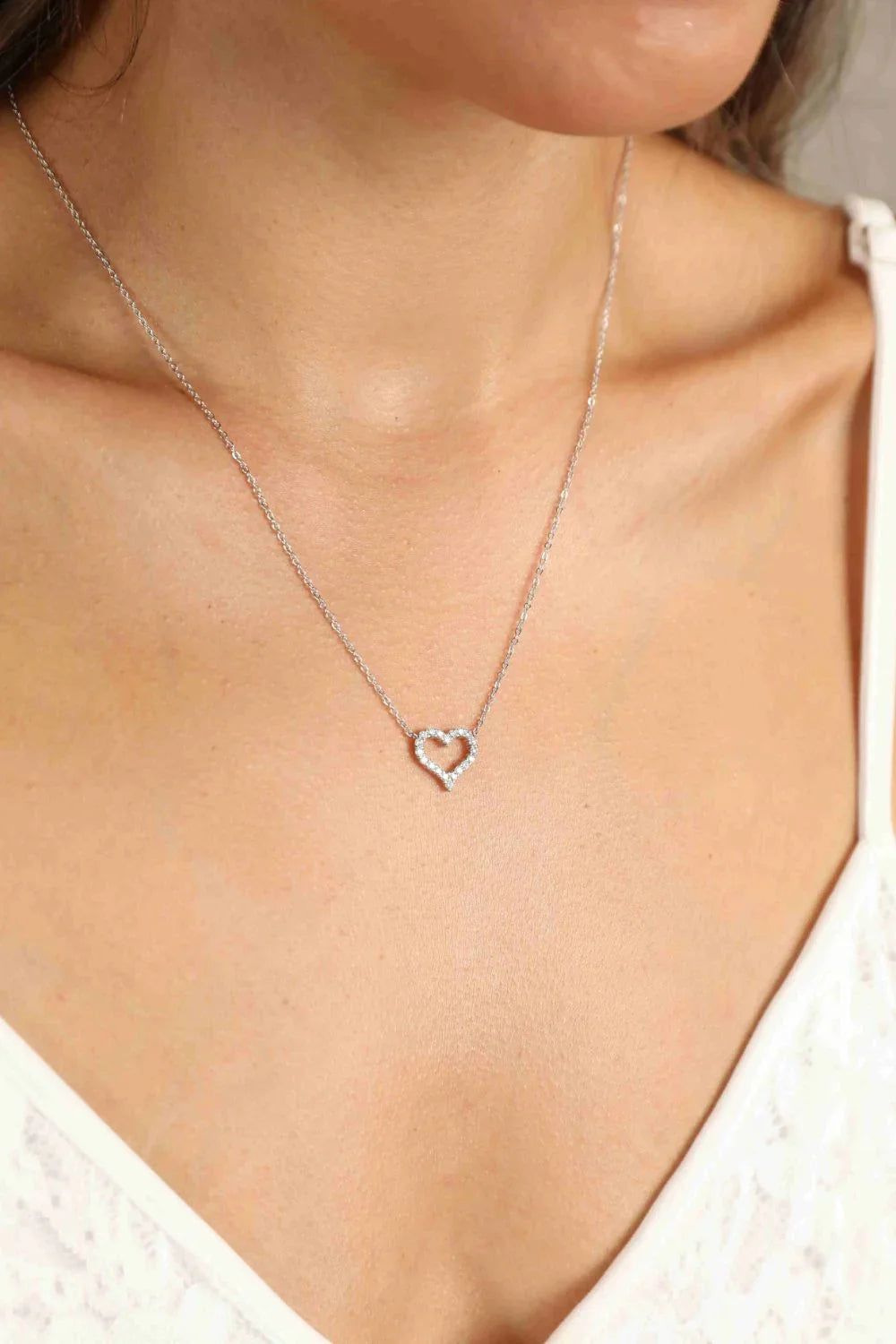 Moissanite Heart Necklace - Platinum Plated Sterling Silver Velanci