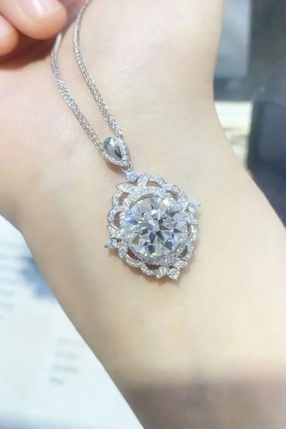 Moissanite Halo Sterling Silver Necklace Velanci