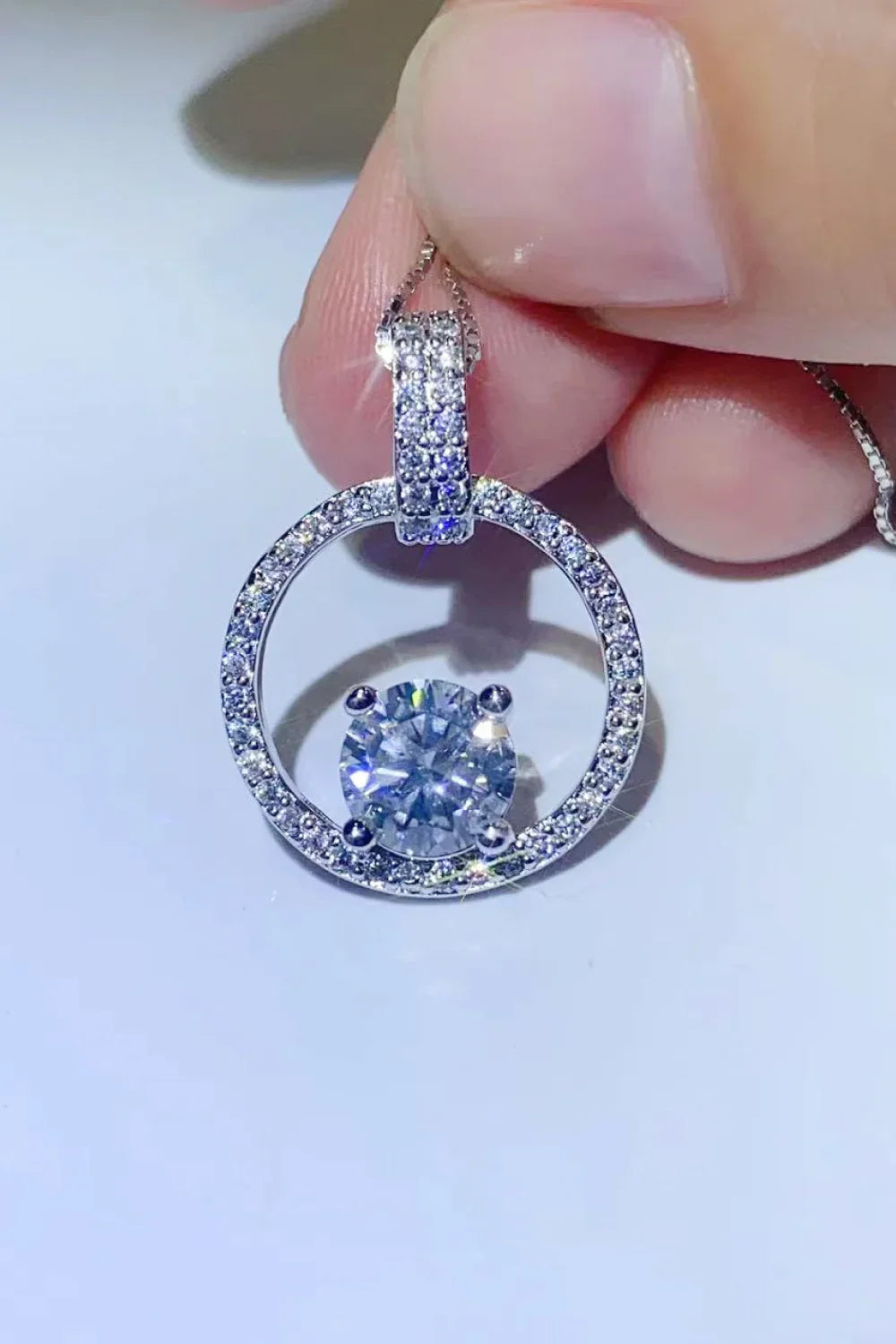 Moissanite Circle Pendant Necklace - 1 Carat Halo Design Velanci
