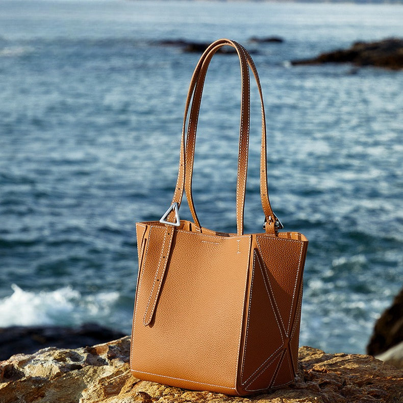 Elegant Camel Textured Leather Shoulder Tote