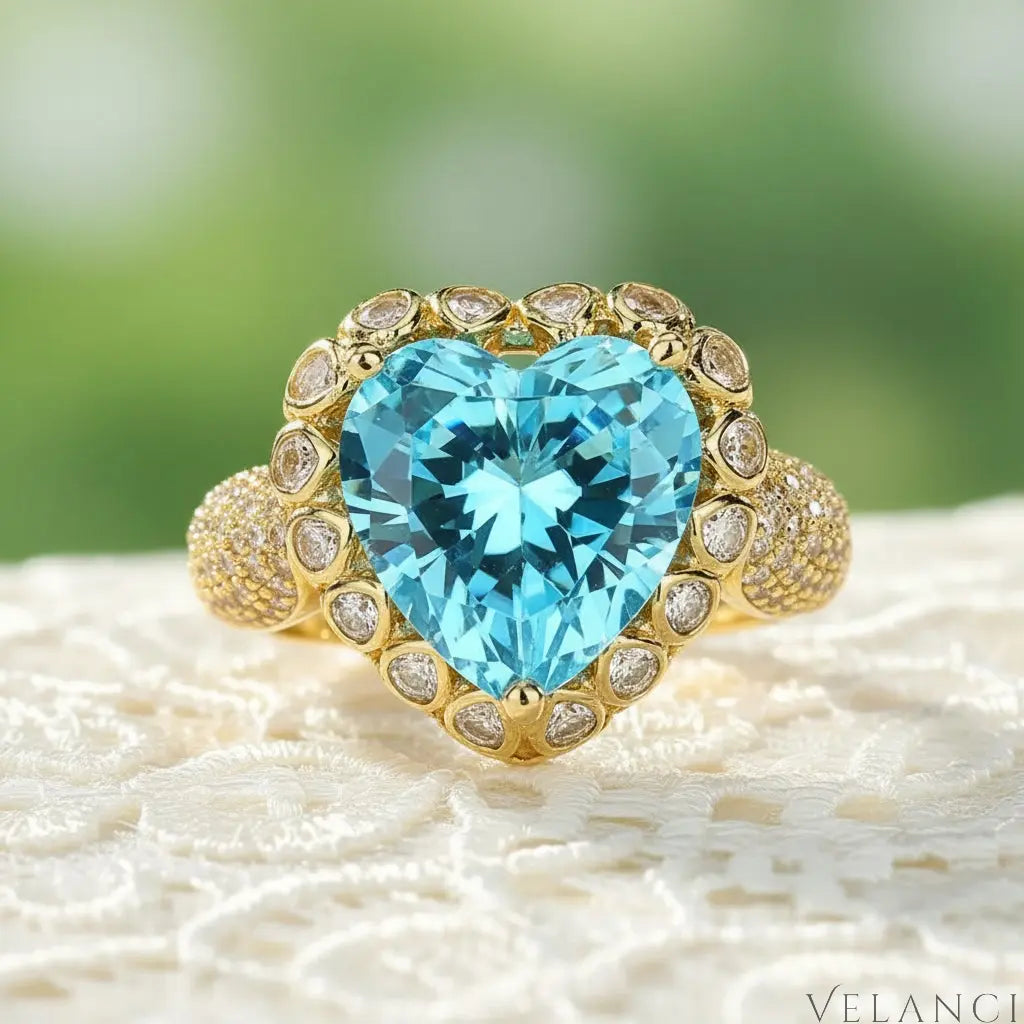 18K Plated Heart-Shaped Zircon Ring Giulia - Blue Halo Women's Ring Velanci