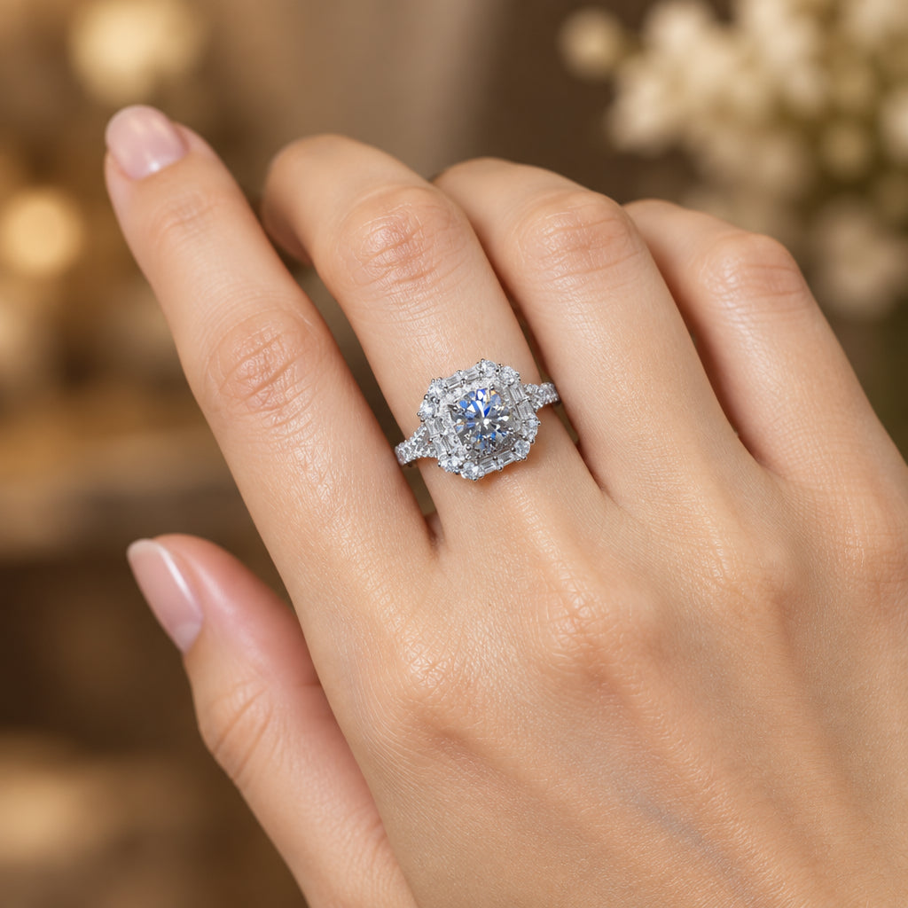 1 Carat Moissanite Ring Sofia - Halo Shimmering Band Women's Ring Velanci