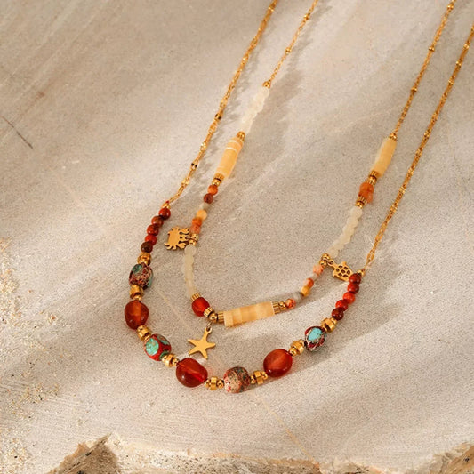 Two-Piece Set Necklace - 18K Gold-Plated Natural Stone Beads Velanci