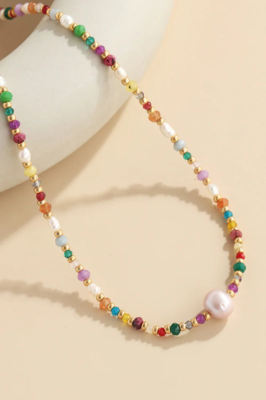 Coastal Bead Necklace - Multicolor Beads, Pearls, Crystals Velanci