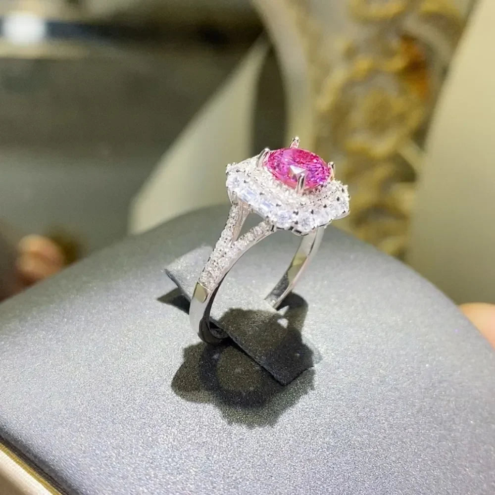 Moissanite Zircon Sterling Silver Ring Giovanna - Pink Halo Women's Ring Velanci