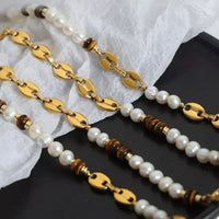 Tiger's Eye Freshwater Pearl Necklace - 18K Gold-Plated Velanci