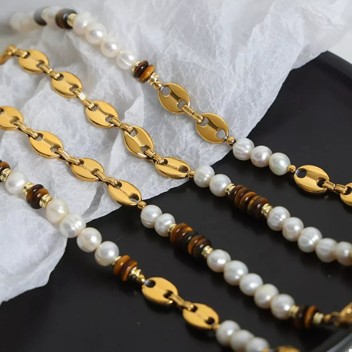 Tiger's Eye Freshwater Pearl Necklace - 18K Gold-Plated Velanci