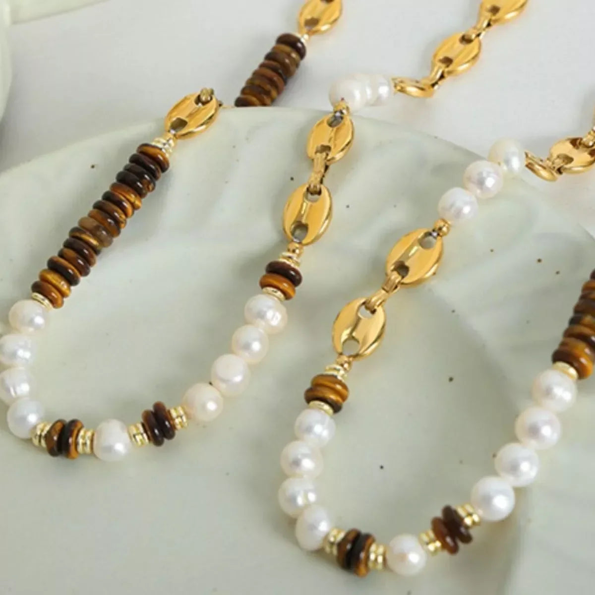 Tiger's Eye Freshwater Pearl Necklace - 18K Gold-Plated Velanci
