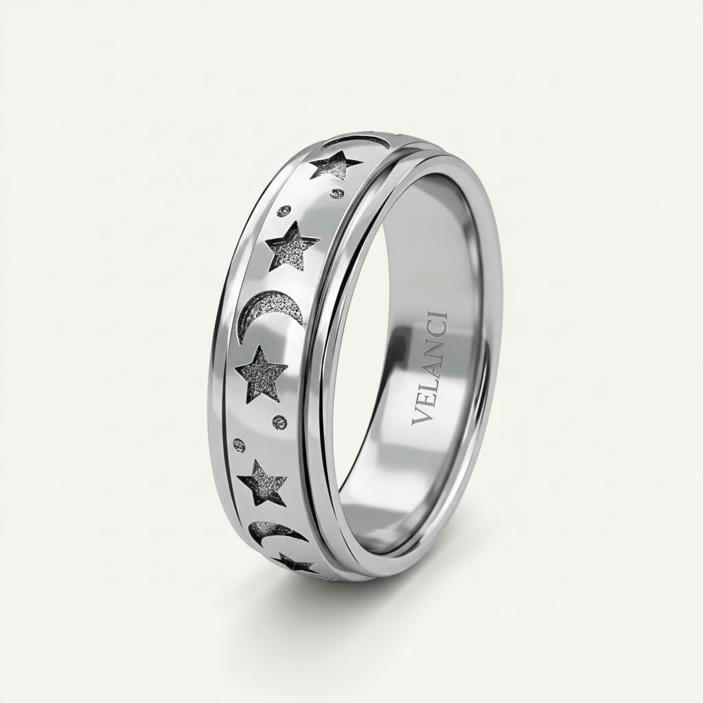 Anxiety Fidget Ring for Men & Women, 925 Sterling Silver Meditation Spinner Ring, Anti Stress Rotating Worry Band Gift for Him Her, Platinum & 18K Vermeil Gold Plated Ring for Women, Comfort Fit Velanci