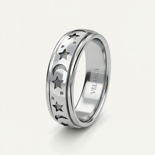 Anxiety Fidget Ring for Men & Women, 925 Sterling Silver Meditation Spinner Ring, Anti Stress Rotating Worry Band Gift for Him Her, Platinum & 18K Vermeil Gold Plated Ring for Women, Comfort Fit Velanci