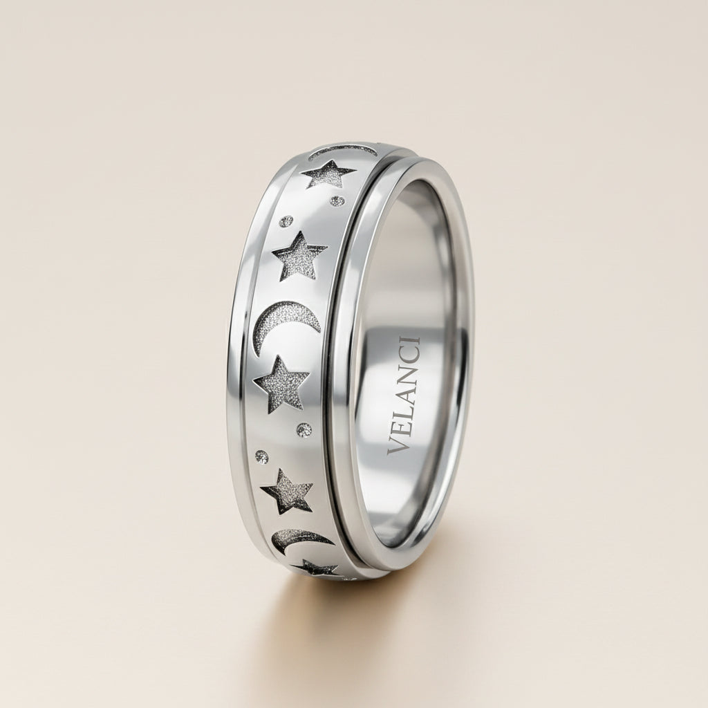 Anxiety Fidget Ring for Men & Women, 925 Sterling Silver Meditation Spinner Ring, Anti Stress Rotating Worry Band Gift for Him Her, Platinum & 18K Vermeil Gold Plated Ring for Women, Comfort Fit Velanci