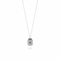 Necklace with a rectangular pendant featuring a red gemstone on a white background