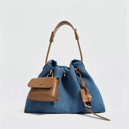 Genuine Leather and Denim Patchwork Hobo Bag