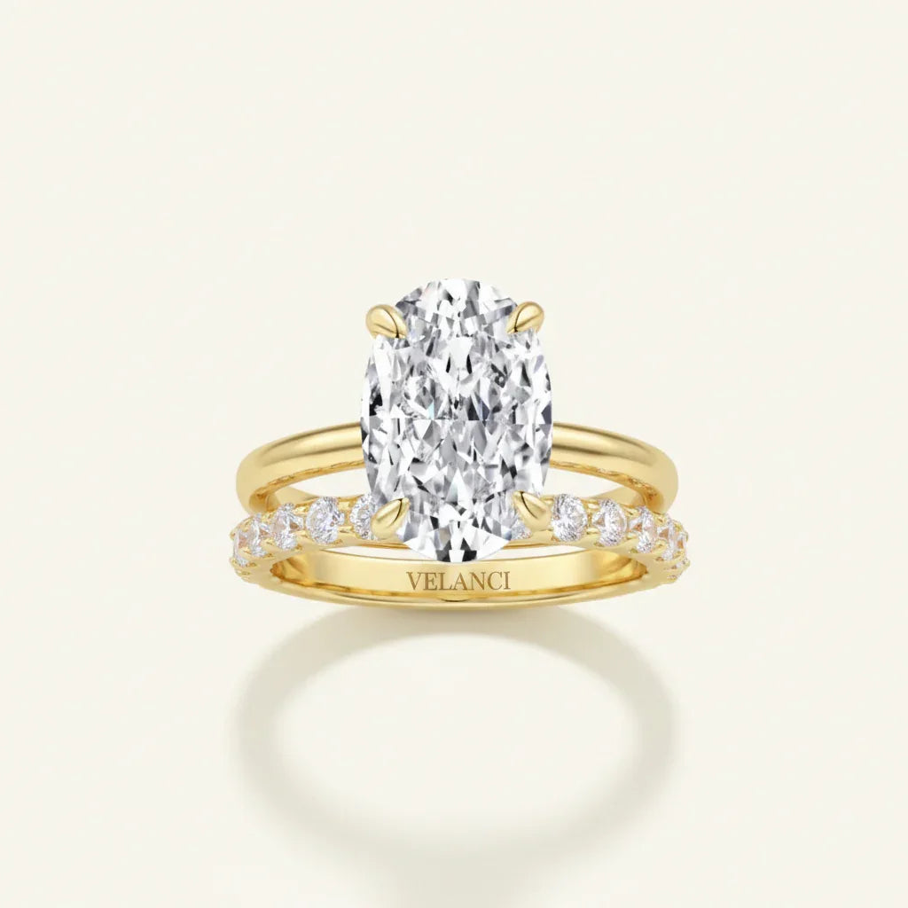 Francesca Gold Ring Set - Womens Ring, 18K Gold-Plated 925 Silver, 3mm Band, 8x12mm CZ Solitaire Velanci