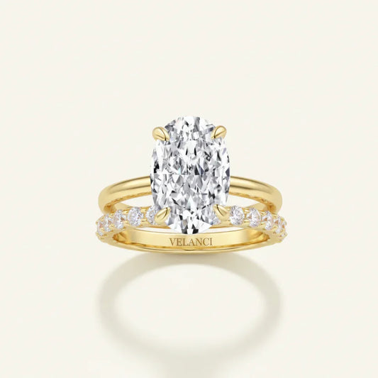 Francesca Gold Ring Set - Womens Ring, 18K Gold-Plated 925 Silver, 3mm Band, 8x12mm CZ Solitaire Velanci