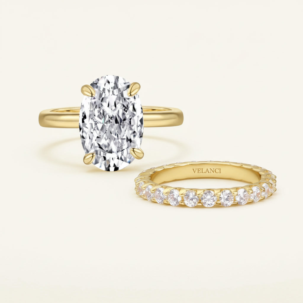 Francesca Gold Ring Set - Womens Ring, 18K Gold-Plated 925 Silver, 3mm Band, 8x12mm CZ Solitaire Velanci