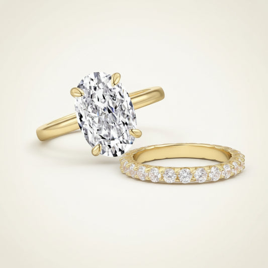 Francesca Gold Ring Set - Womens Ring, 18K Gold-Plated 925 Silver, 3mm Band, 8x12mm CZ Solitaire Velanci