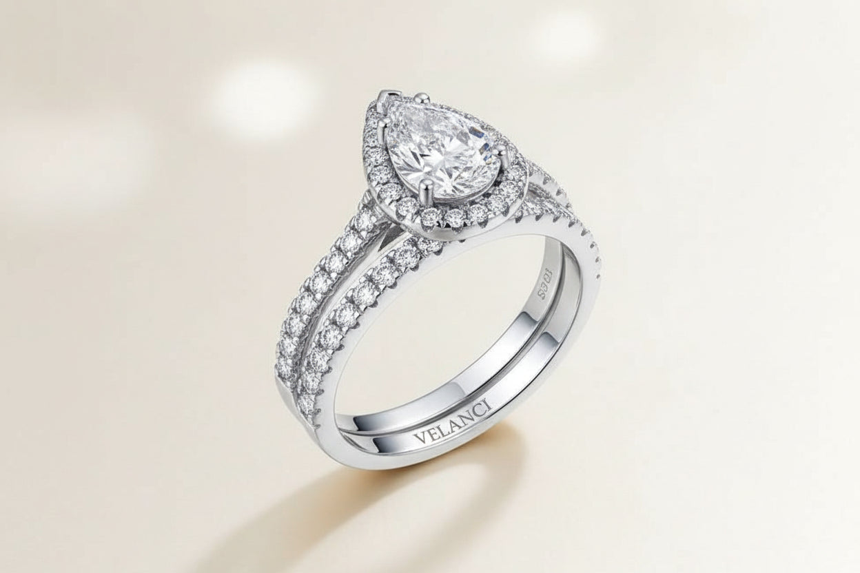 Halo Wedding Set Giulia - Sterling Silver Rhodium-Plated Pear-Cut Halo Centerpiece Velanci