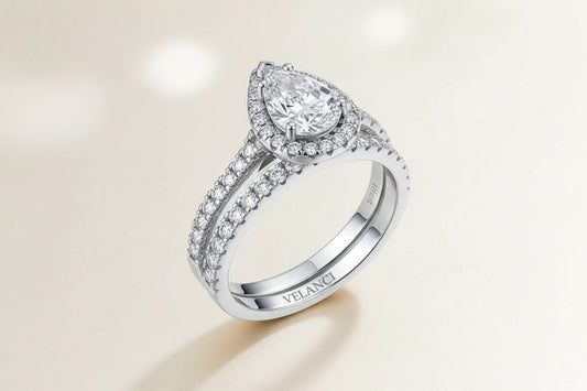 Halo Wedding Set Giulia - Sterling Silver Rhodium-Plated Pear-Cut Halo Centerpiece Velanci