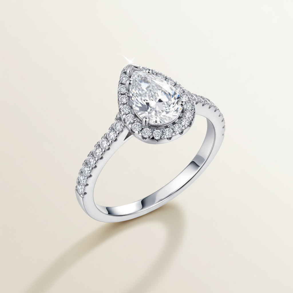 Halo Wedding Set Giulia - Sterling Silver Rhodium-Plated Pear-Cut Halo Centerpiece Velanci