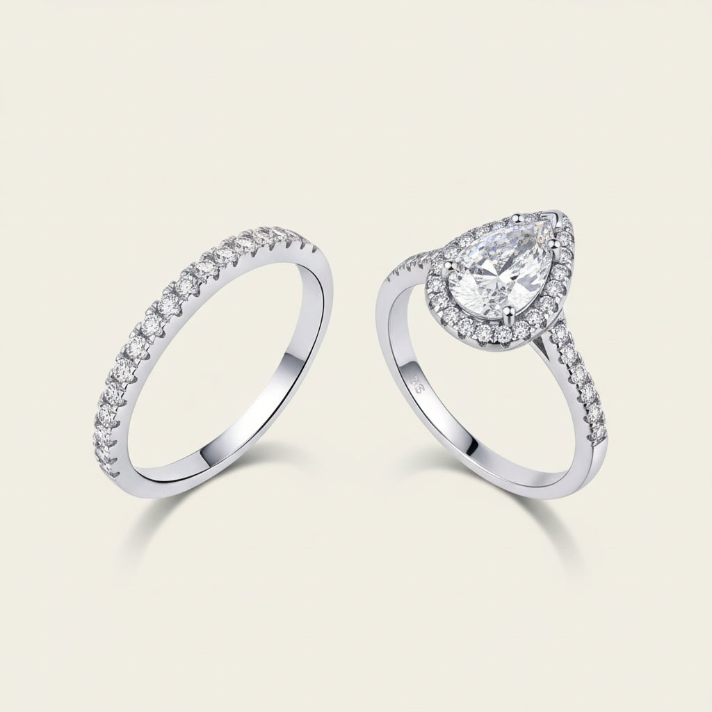 Halo Wedding Set Giulia - Womens Ring with Pear-Cut Halo Centerpiece in Rhodium-Plated Sterling Silver Velanci