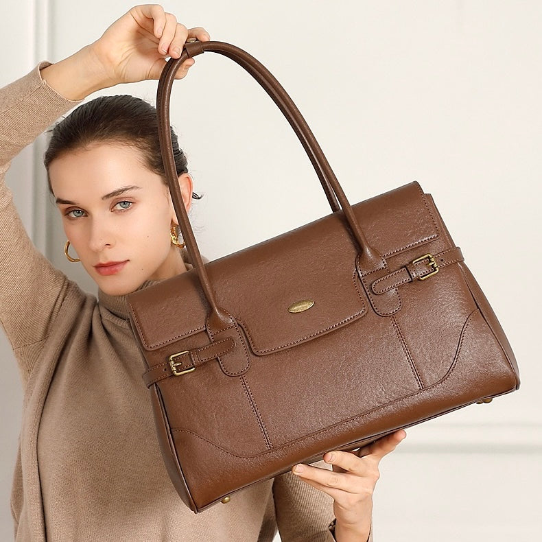 Vintage Luxe Leather Handbag with Buckle Accents