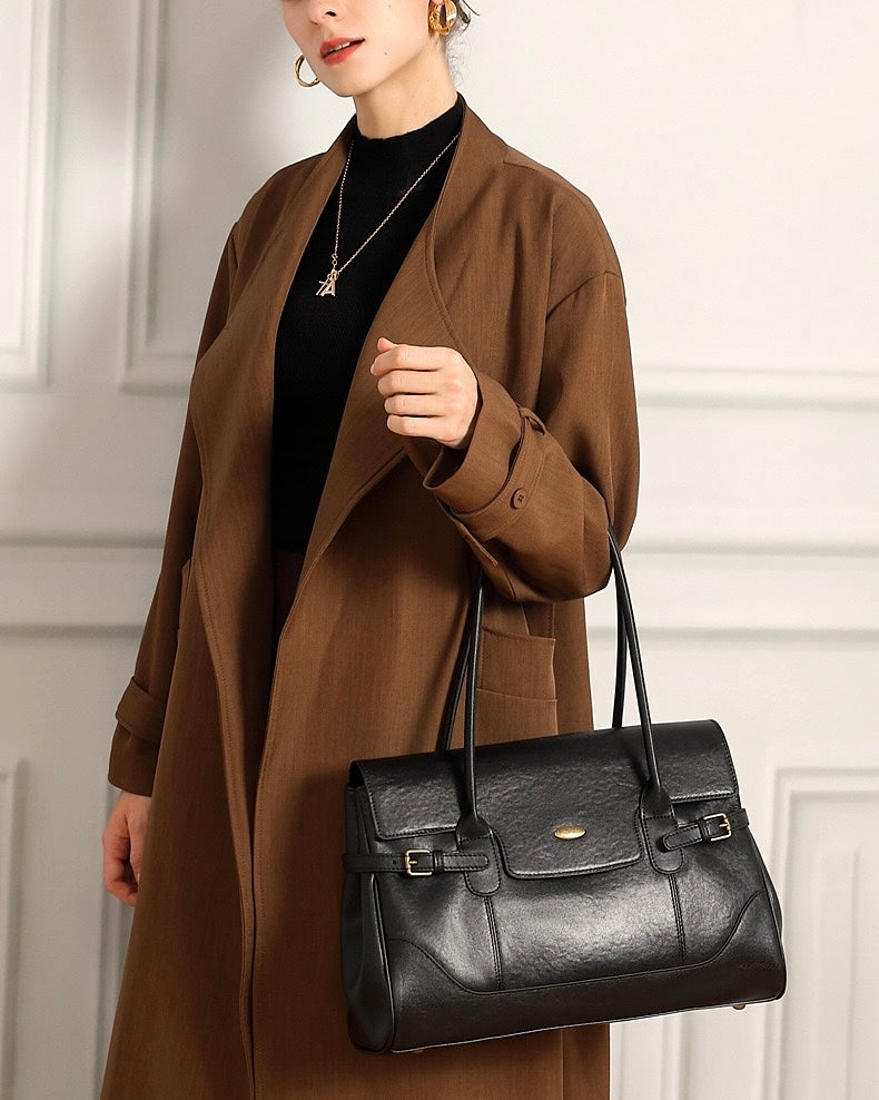 Vintage Luxe Leather Handbag with Buckle Accents
