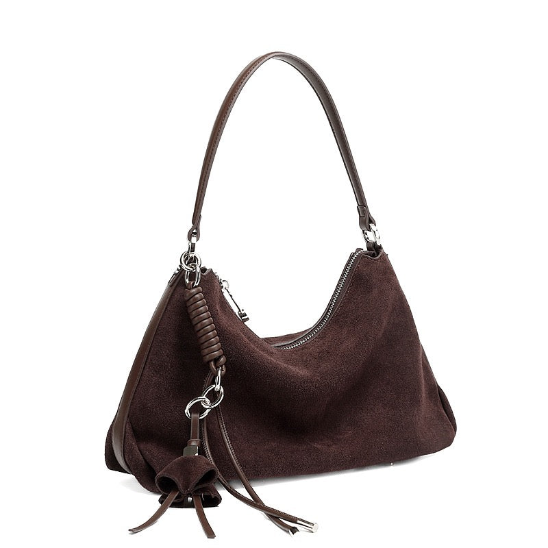 Suede Luxe Hobo Bag with Braided Elegance and Tassel Charm