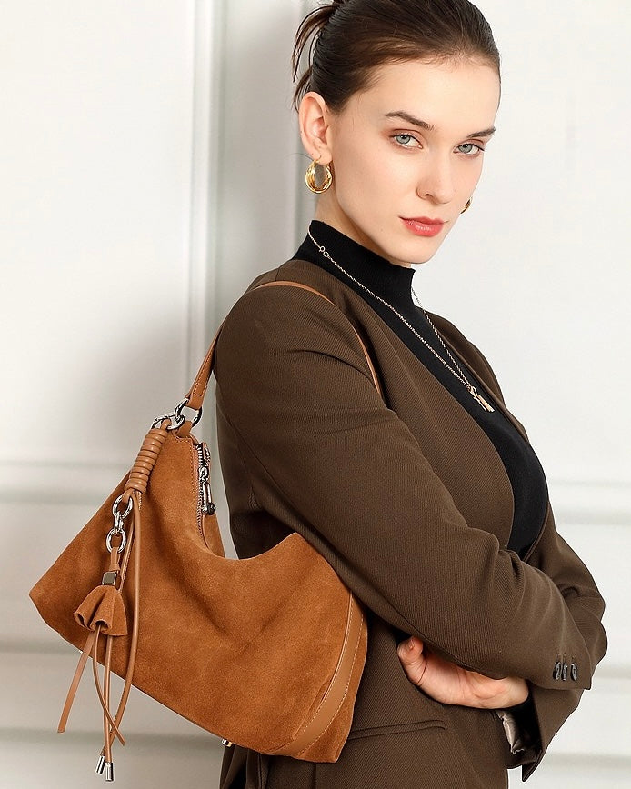 Suede Luxe Hobo Bag with Braided Elegance and Tassel Charm