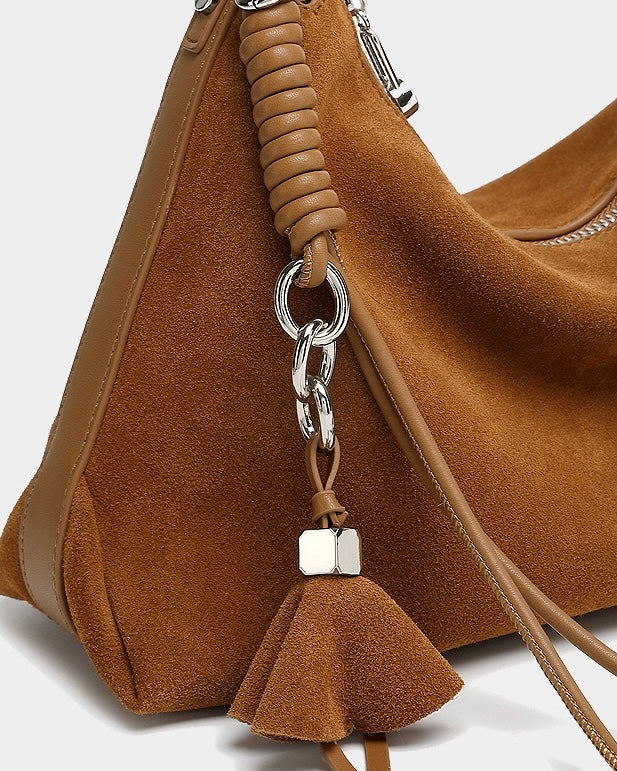 Suede Luxe Hobo Bag with Braided Elegance and Tassel Charm