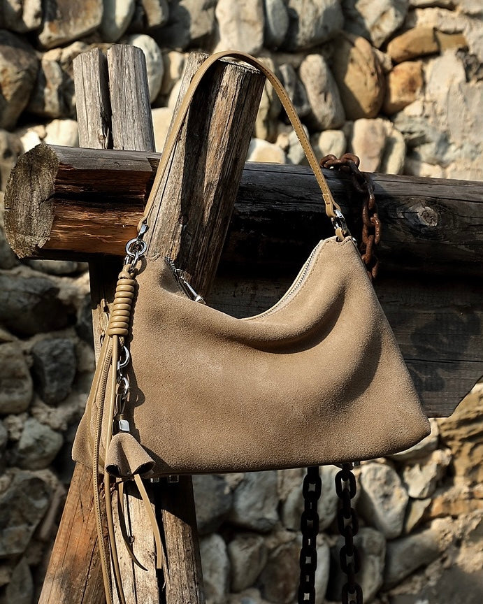 Suede Luxe Hobo Bag with Braided Elegance and Tassel Charm
