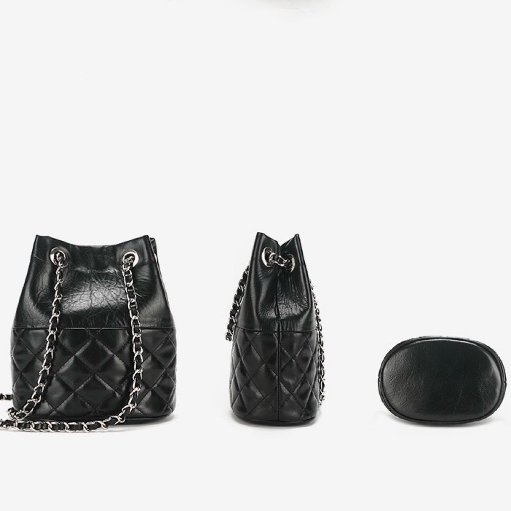 Quilted Genuine Leather Chain Bucket Bag for Elevated Style