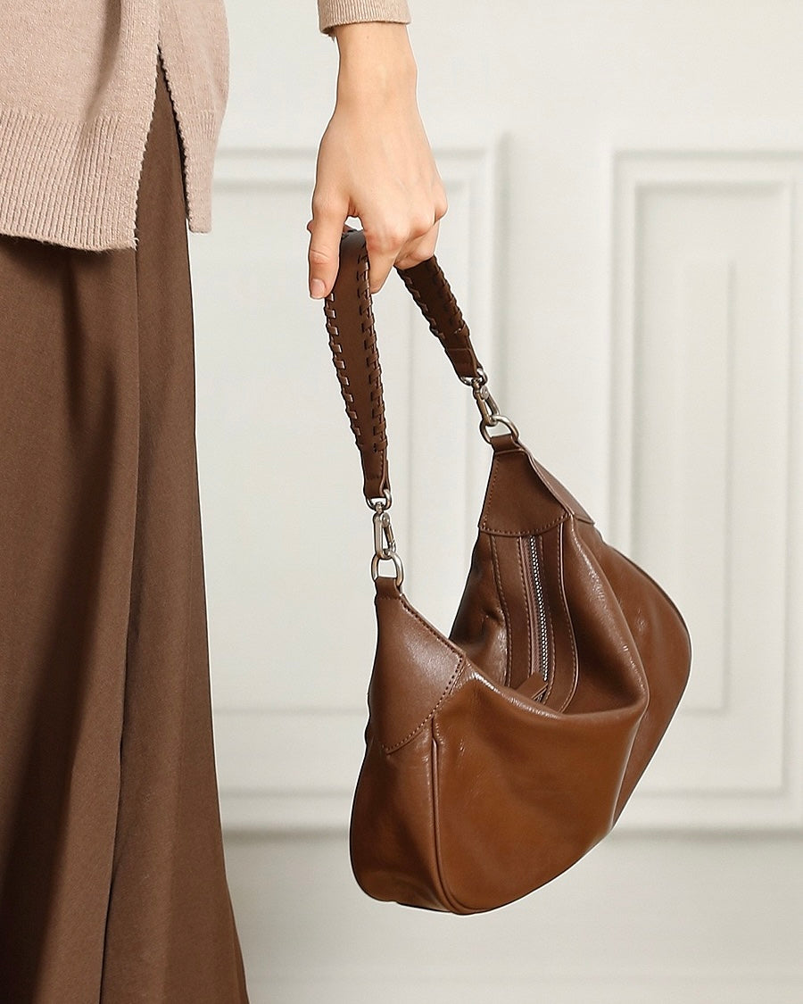 Braided-Handle Genuine Saddle Leather Hobo Bag for Refined Elegance