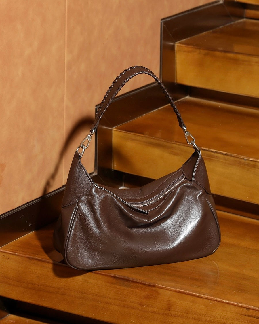 Braided-Handle Genuine Saddle Leather Hobo Bag for Refined Elegance