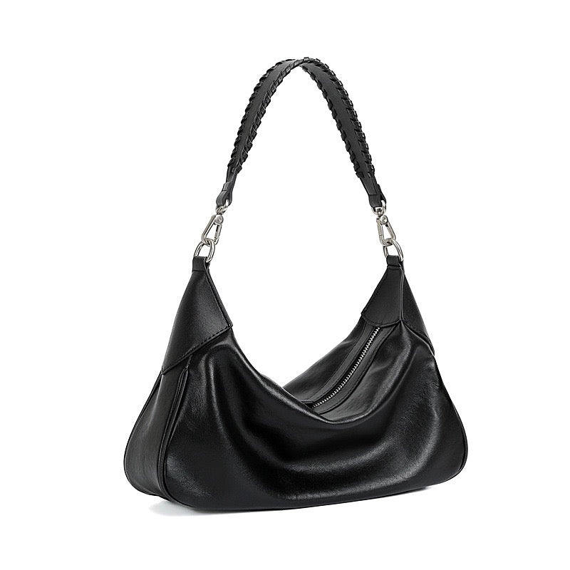 Braided-Handle Genuine Saddle Leather Hobo Bag for Refined Elegance