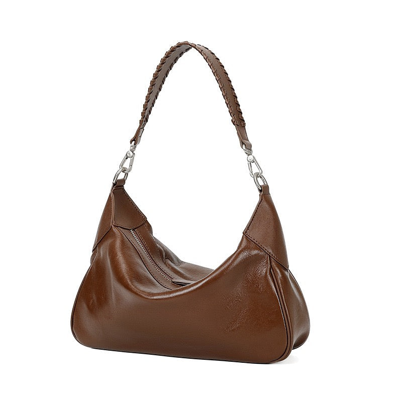 Braided-Handle Genuine Saddle Leather Hobo Bag for Refined Elegance